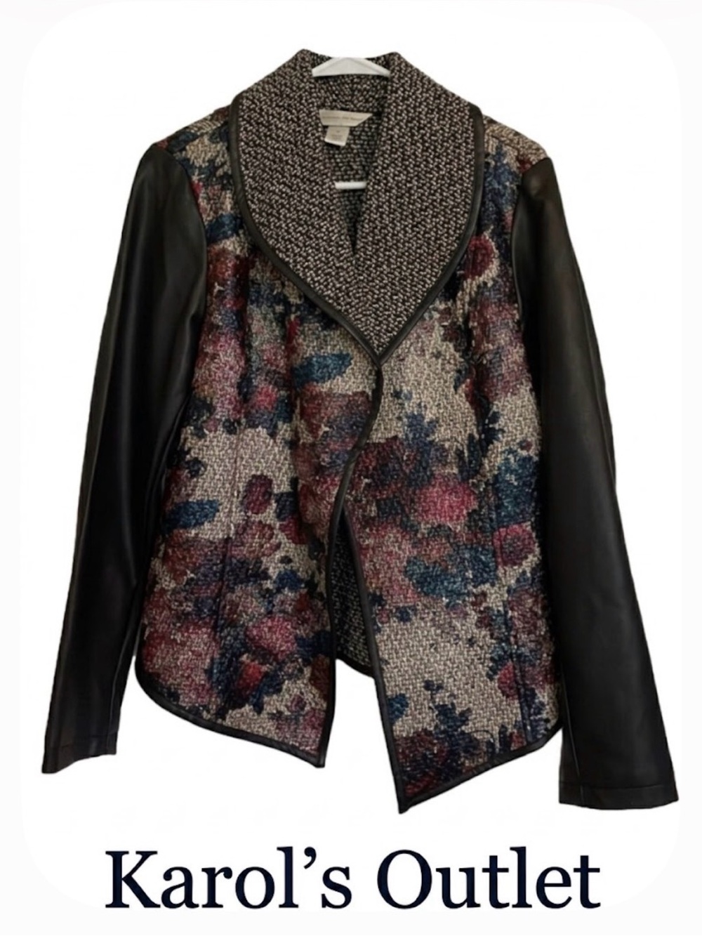 CHRISTOPHER & BANKS Faux Leather Tweed Floral Open Jacket Blazer, Women’s M